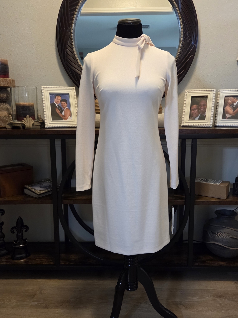 Calvin Klein Soft Pink Long-Sleeve Tie-Neck Shift Dress